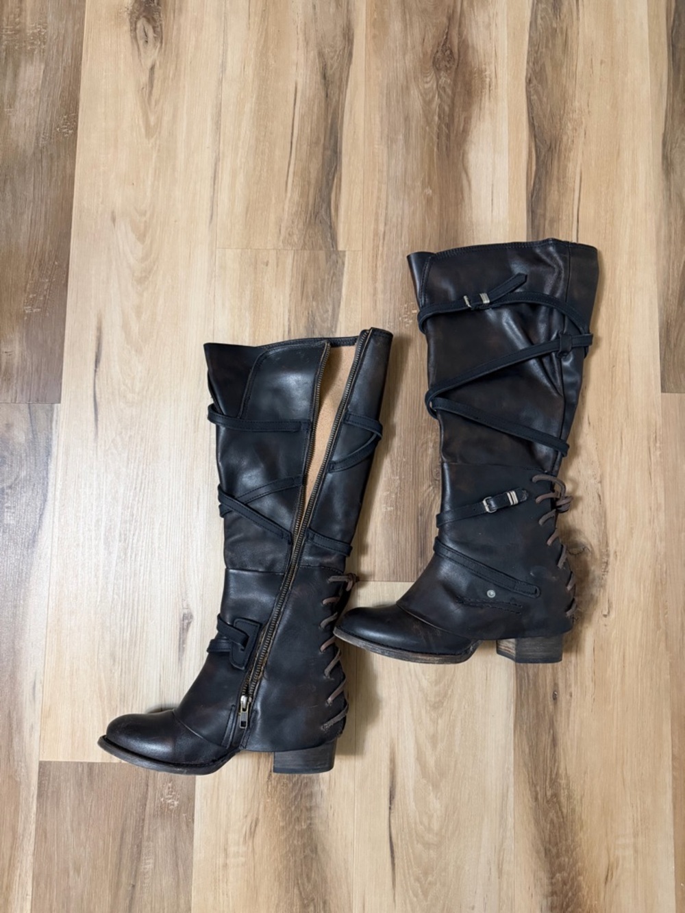 Freebird Cassius Leather Knee High Boots Lace Up Wrap Strap Moto Size 8